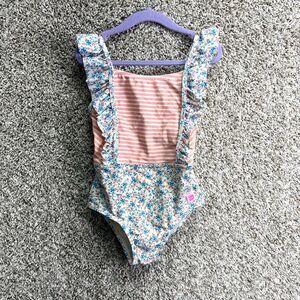 Ruffle Butts Swimsuit Girls 5 Pink and Blue Floral Print Ruffle Strap One Piece
